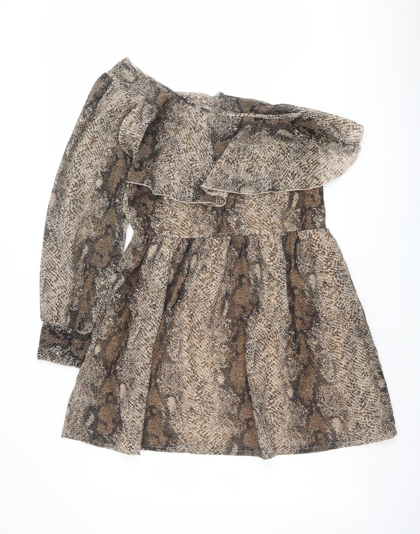 New Look Womens Brown Animal Print Polyester Fit & Flare Size 10 One Shoulder Pullover - Snake Print