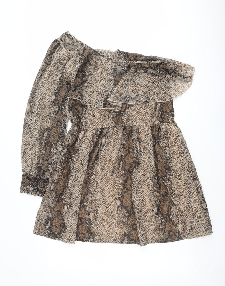 New Look Womens Brown Animal Print Polyester Fit & Flare Size 10 One Shoulder Pullover - Snake Print