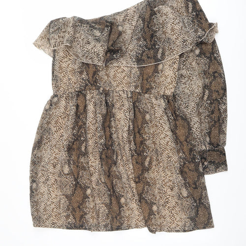 New Look Womens Brown Animal Print Polyester Fit & Flare Size 10 One Shoulder Pullover - Snake Print