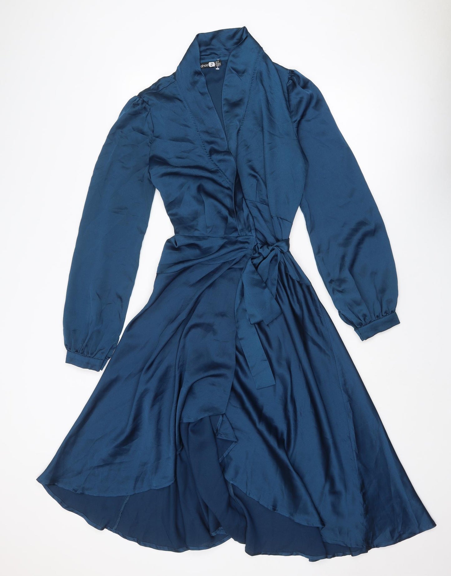 Boohoo Womens Blue Polyester Wrap Dress Size 10 V-Neck Tie