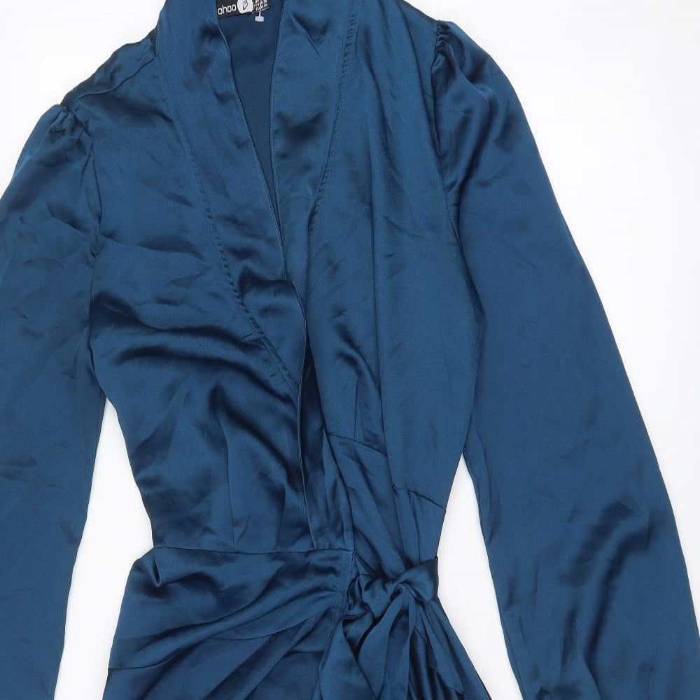 Boohoo Womens Blue Polyester Wrap Dress Size 10 V-Neck Tie