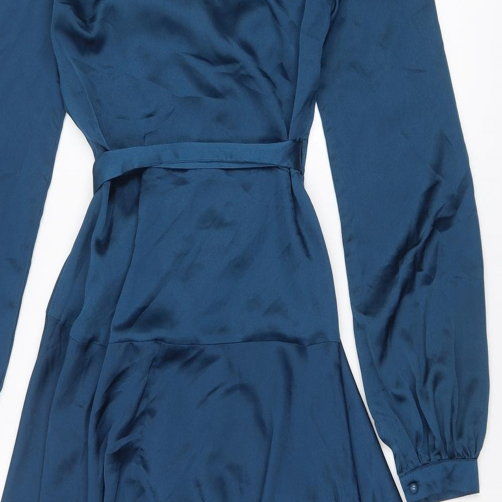 Boohoo Womens Blue Polyester Wrap Dress Size 10 V-Neck Tie