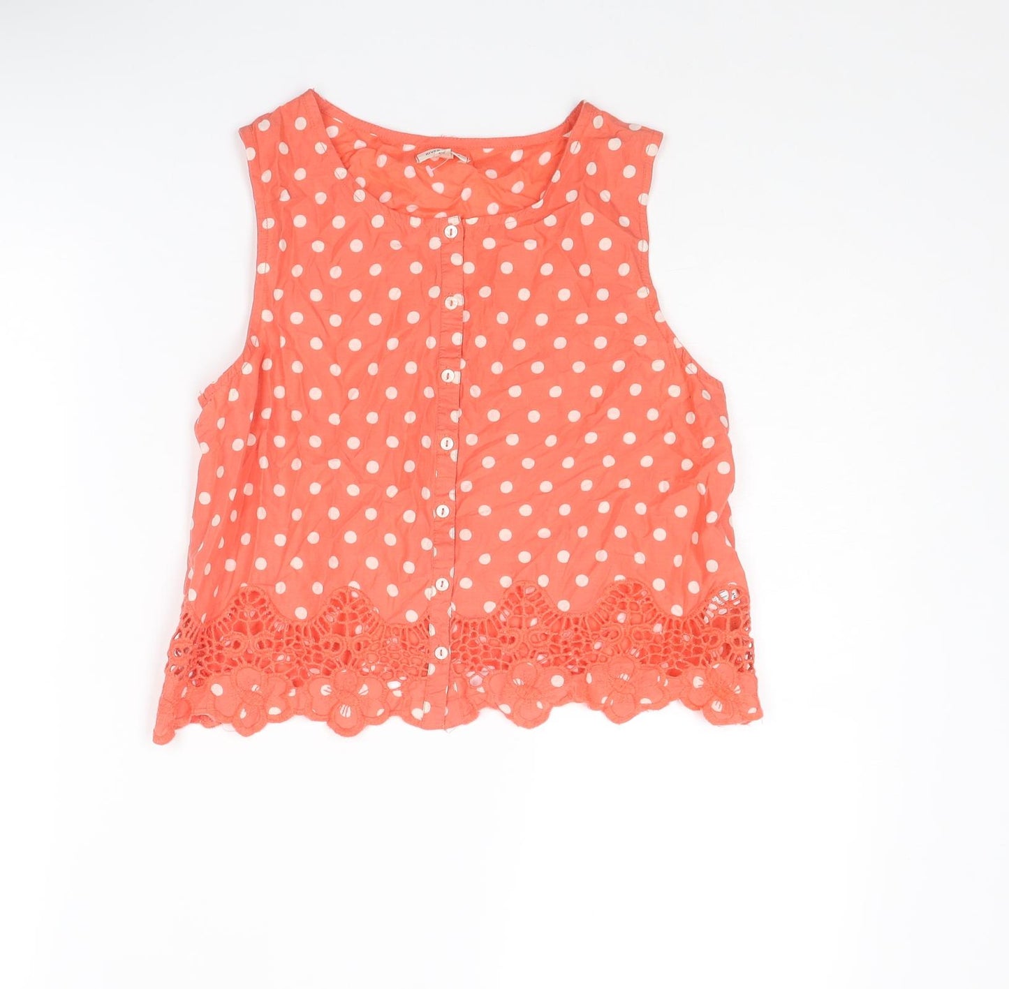River Island Womens Pink Polka Dot Cotton Basic Tank Size 8 Round Neck - Crochet Detail
