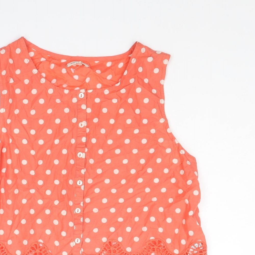 River Island Womens Pink Polka Dot Cotton Basic Tank Size 8 Round Neck - Crochet Detail