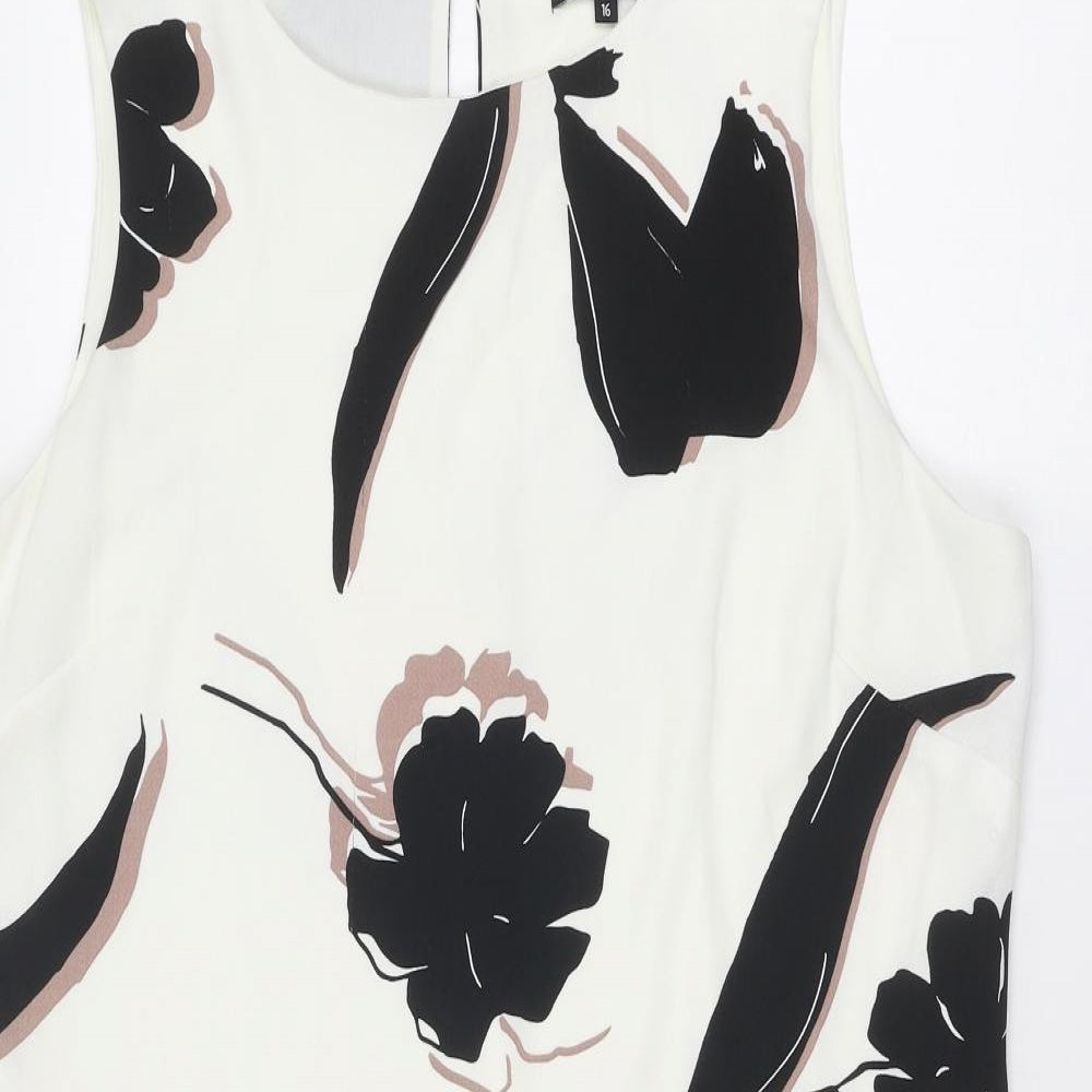 Debenhams Womens White Geometric Polyester Tank Dress Size 16 Round Neck Button
