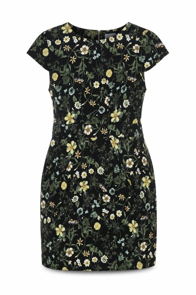 Front view of Blue Vanilla women’s multicoloured floral polyester shift, size UK 10, round neck zip