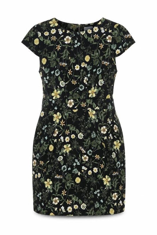 Front view of Blue Vanilla women’s multicoloured floral polyester shift, size UK 10, round neck zip