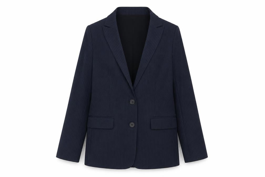 Front view of Marks & Spencer women’s blue pinstripe polyester jacket suit jacket, size UK 10