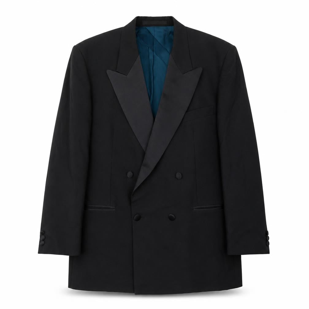 Front view of Marks & Spencer men’s black polyester tuxedo suit jacket, size 42, regular