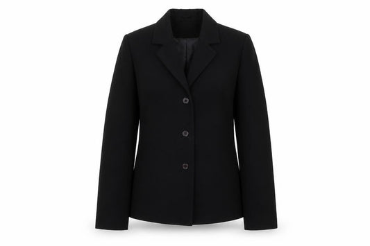 Front view of Elizabeth Emanuel women’s black polyester jacket suit jacket, size UK 12, button