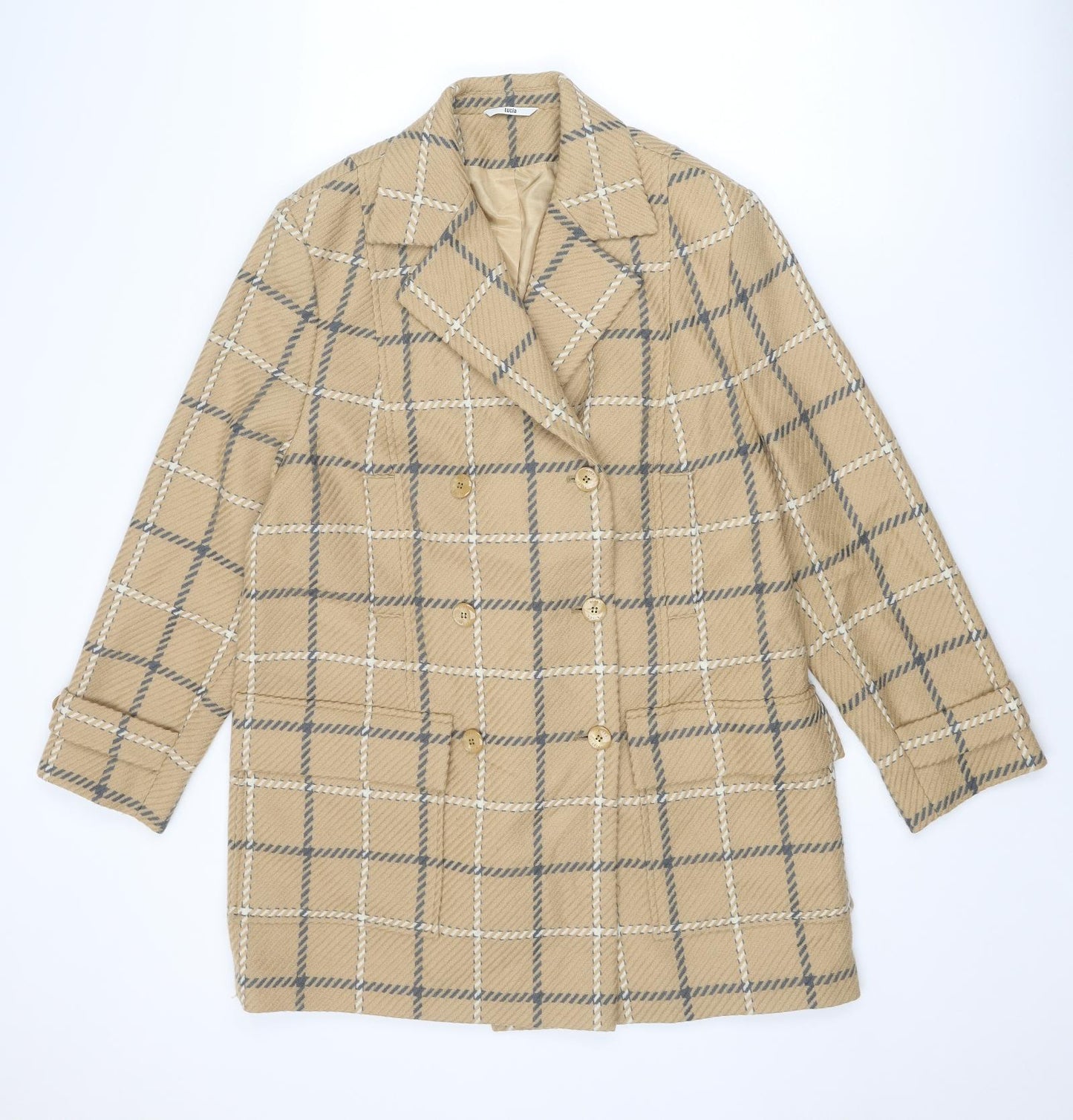 LUCIA Womens Beige Check Overcoat Coat Size 14 Button
