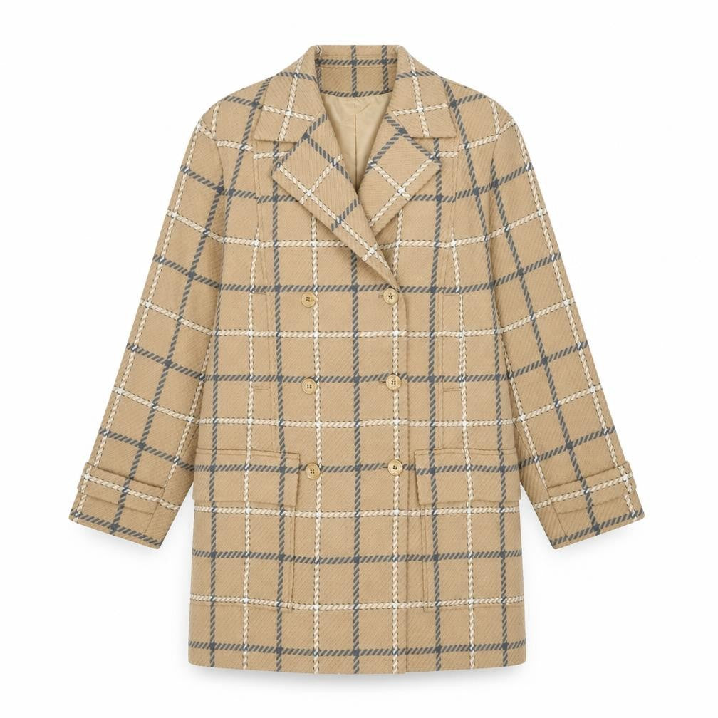 Front view of LUCIA women’s beige check overcoat coat, size UK 14, button