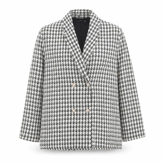 Front view of Boohoo women’s black check jacket blazer, size UK 10, button