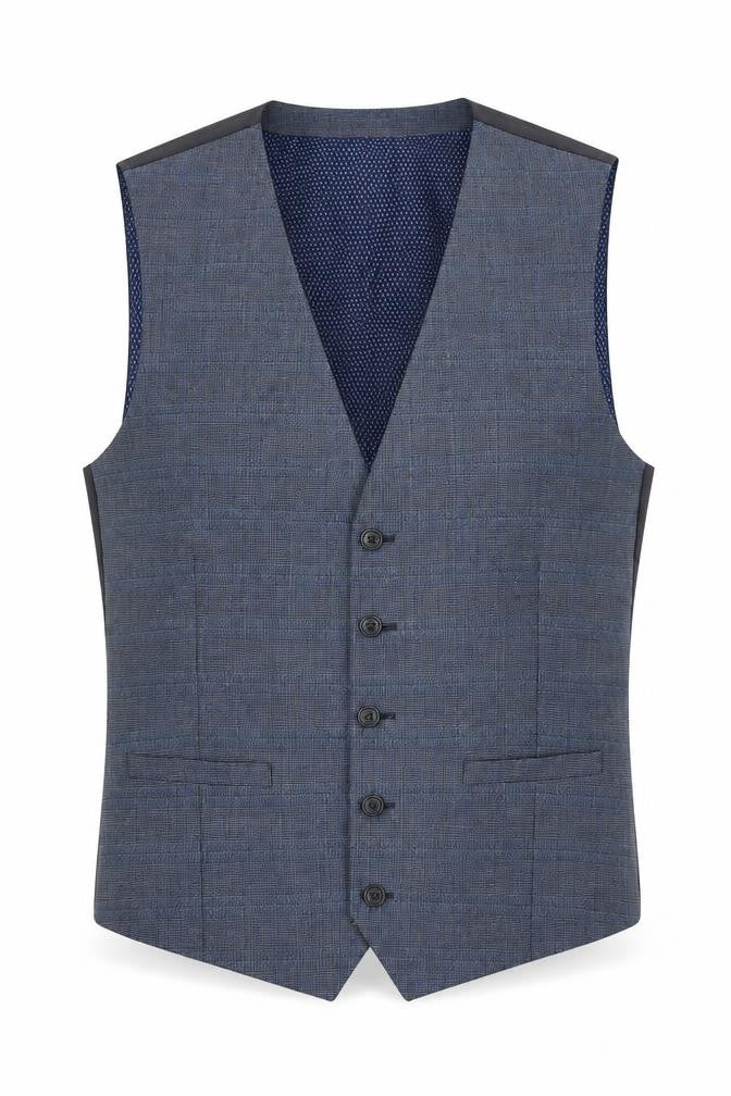 Front view of Burton men’s blue plaid polyester jacket suit waistcoat, size M, regular
