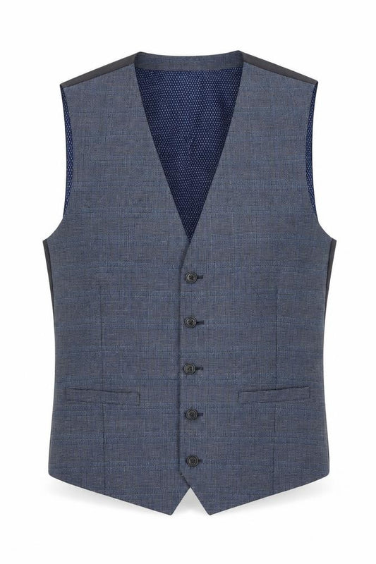 Front view of Burton men’s blue plaid polyester jacket suit waistcoat, size M, regular
