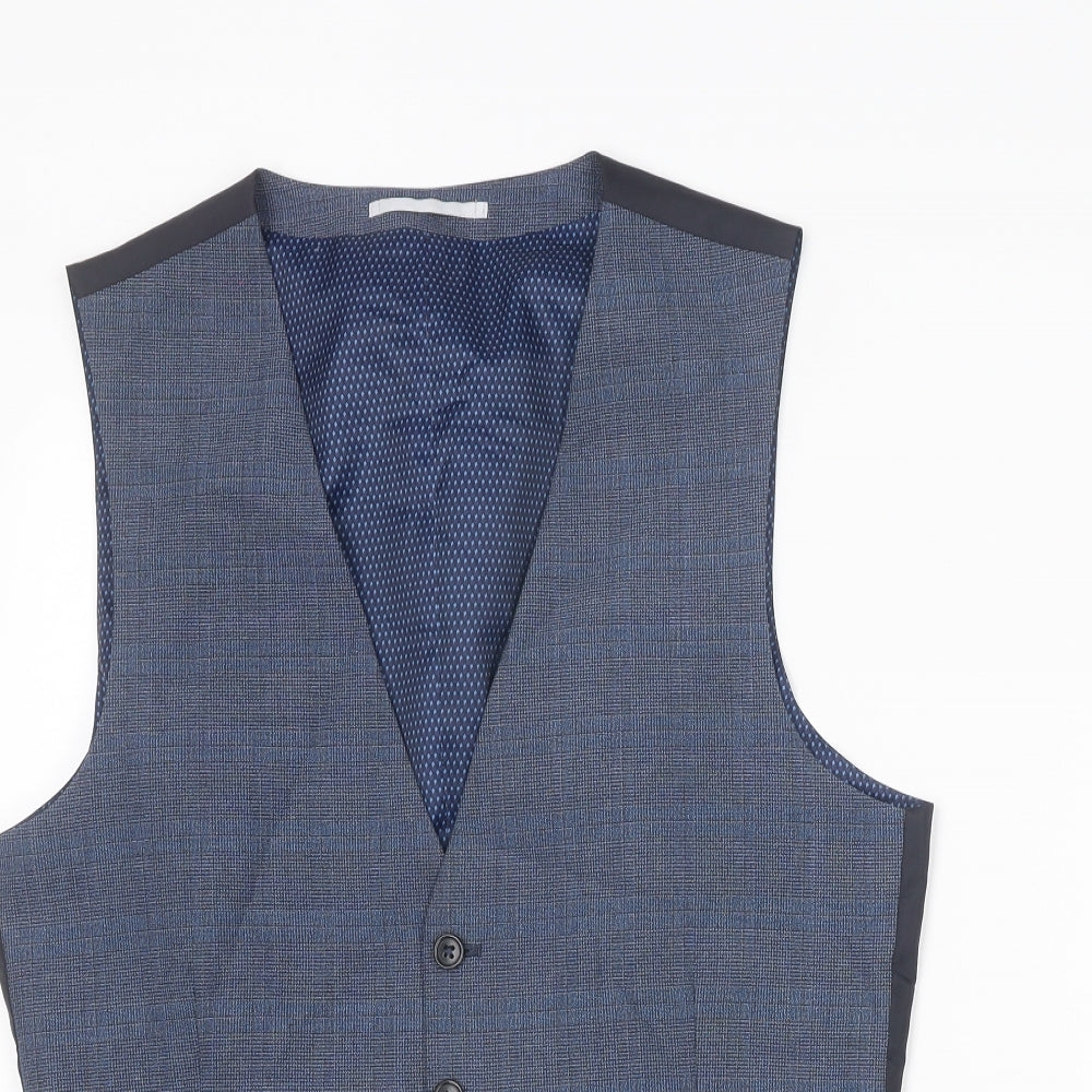 Burton Mens Blue Plaid Polyester Jacket Suit Waistcoat Size M Regular