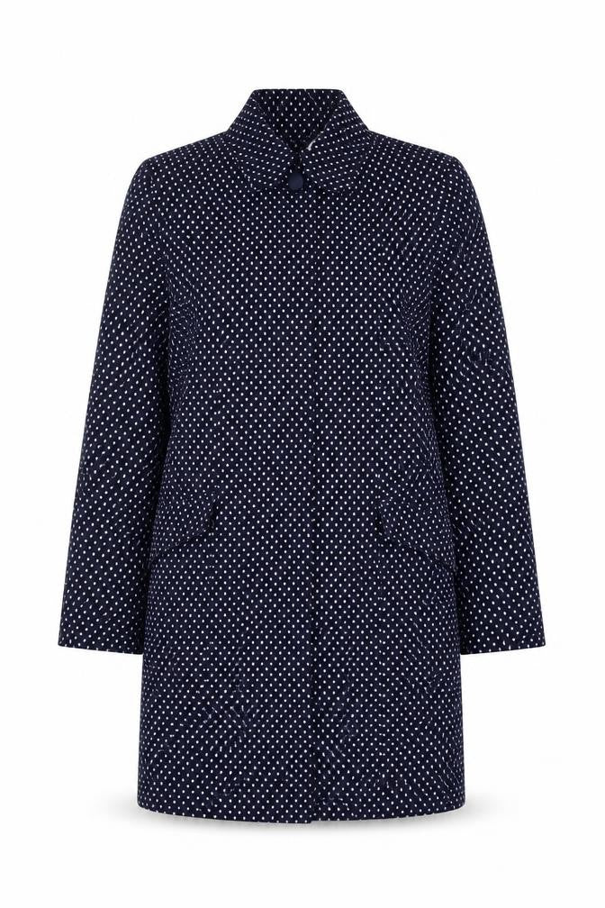 Front view of La Redoute women’s blue polka dot rain coat coat, size UK 10, zip