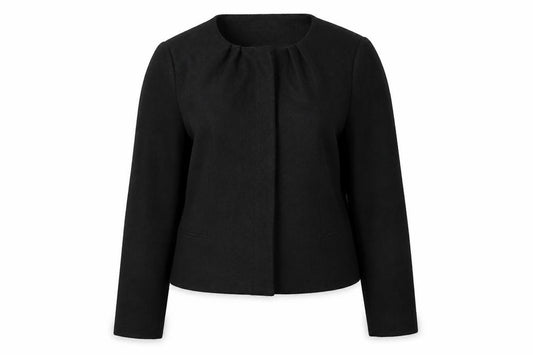 Front view of Kaliko women’s black jacket, size UK 14, button