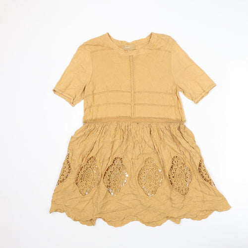 NEXT Womens Yellow Cotton Mini Size 10 Round Neck Button - Crochet Detail