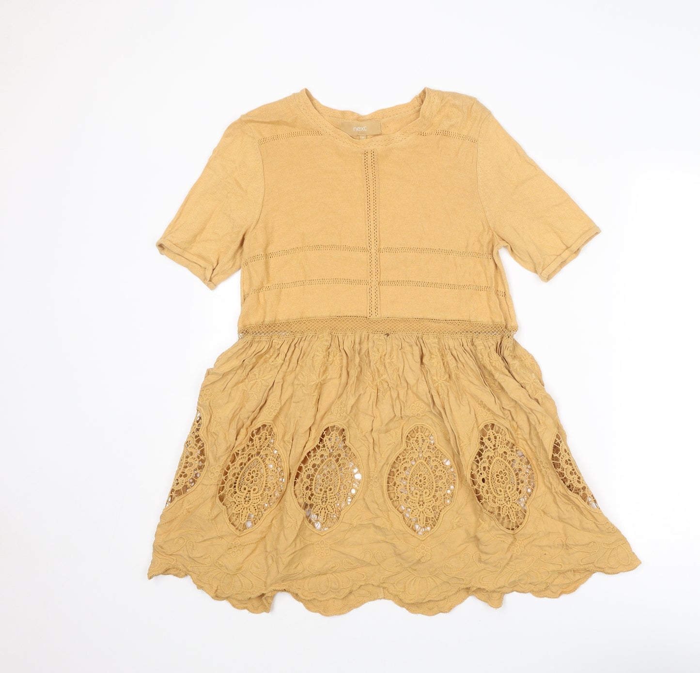 NEXT Womens Yellow Cotton Mini Size 10 Round Neck Button - Crochet Detail