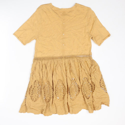 NEXT Womens Yellow Cotton Mini Size 10 Round Neck Button - Crochet Detail