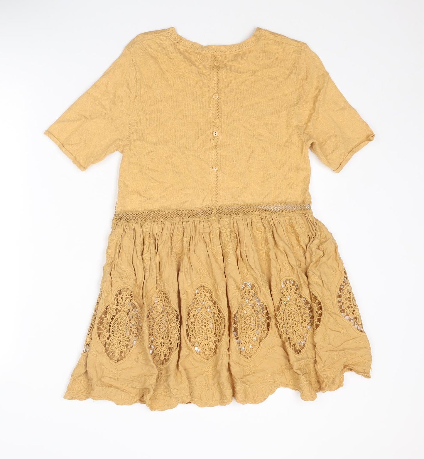 NEXT Womens Yellow Cotton Mini Size 10 Round Neck Button - Crochet Detail