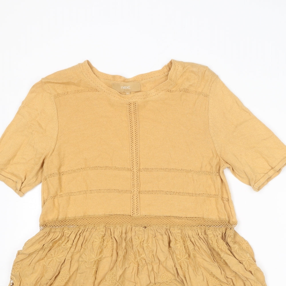 NEXT Womens Yellow Cotton Mini Size 10 Round Neck Button - Crochet Detail