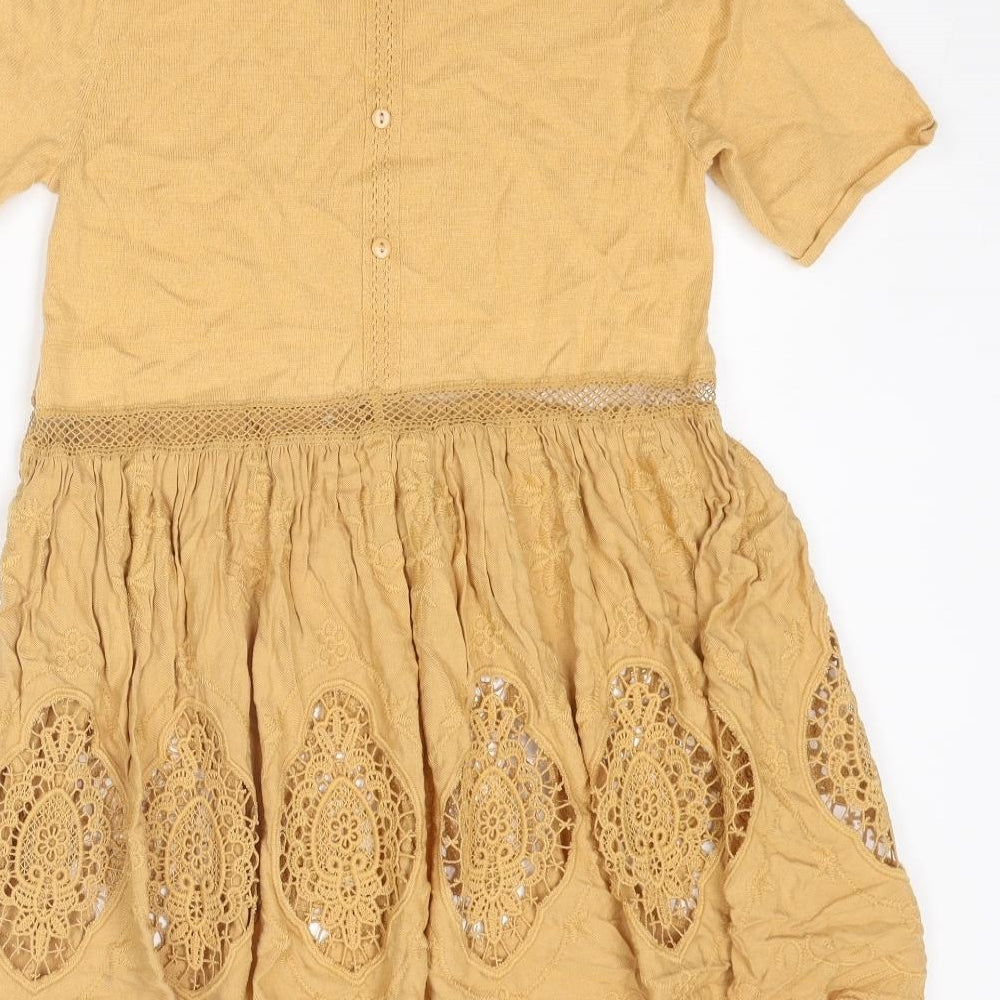NEXT Womens Yellow Cotton Mini Size 10 Round Neck Button - Crochet Detail