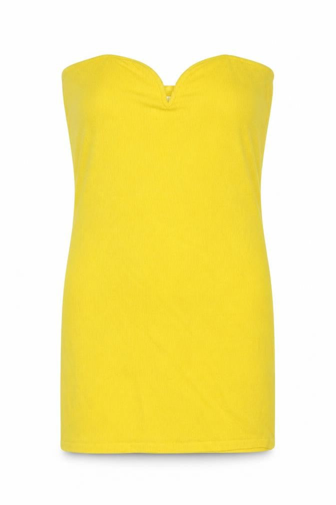 Front view of H&M women’s yellow polyester mini, size L, sweetheart pullover - strapless ribbed