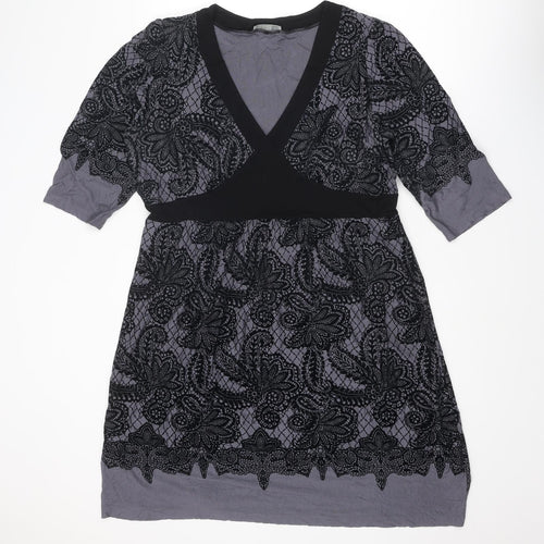 Marks and Spencer Womens Grey Geometric Viscose A-Line Size 16 V-Neck Pullover