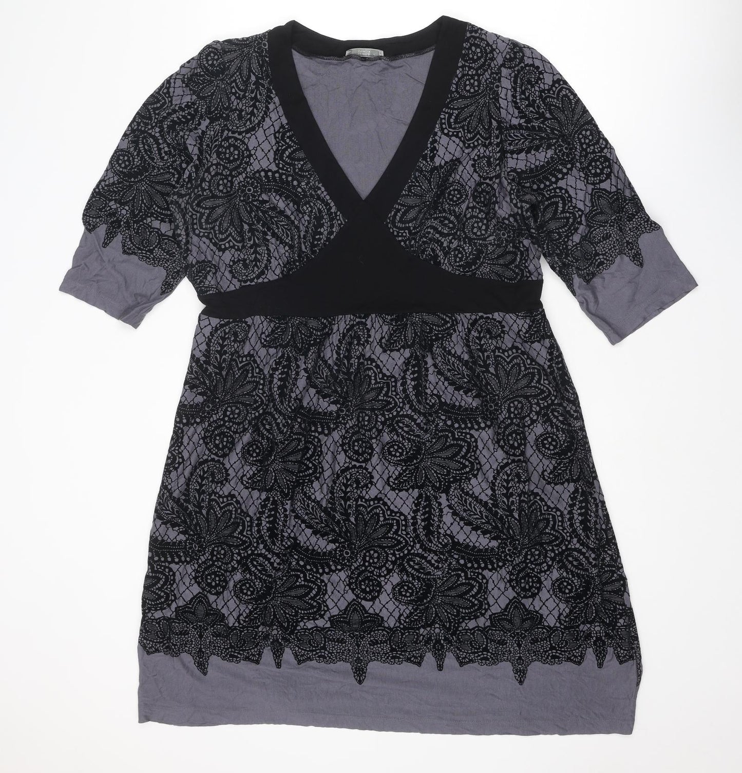 Marks and Spencer Womens Grey Geometric Viscose A-Line Size 16 V-Neck Pullover