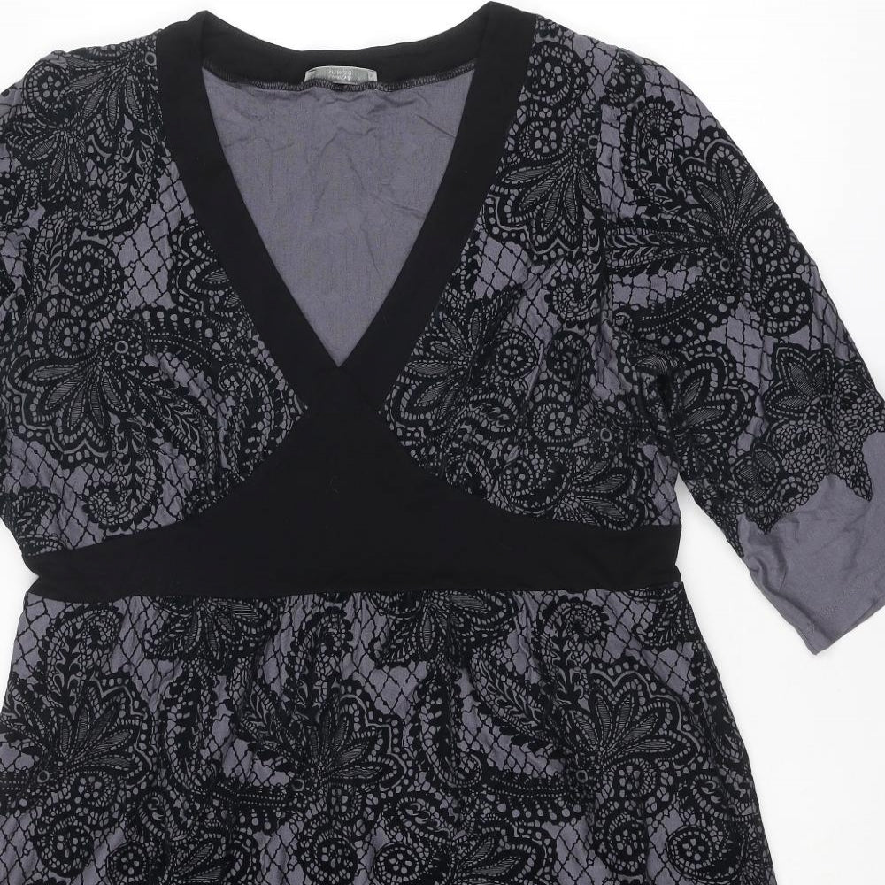 Marks and Spencer Womens Grey Geometric Viscose A-Line Size 16 V-Neck Pullover