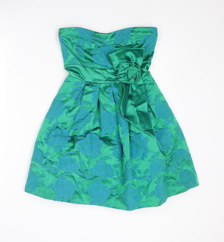 Warehouse Womens Green Floral Cotton Fit & Flare Size 8 Sweetheart Zip - Tulle Under-skirt