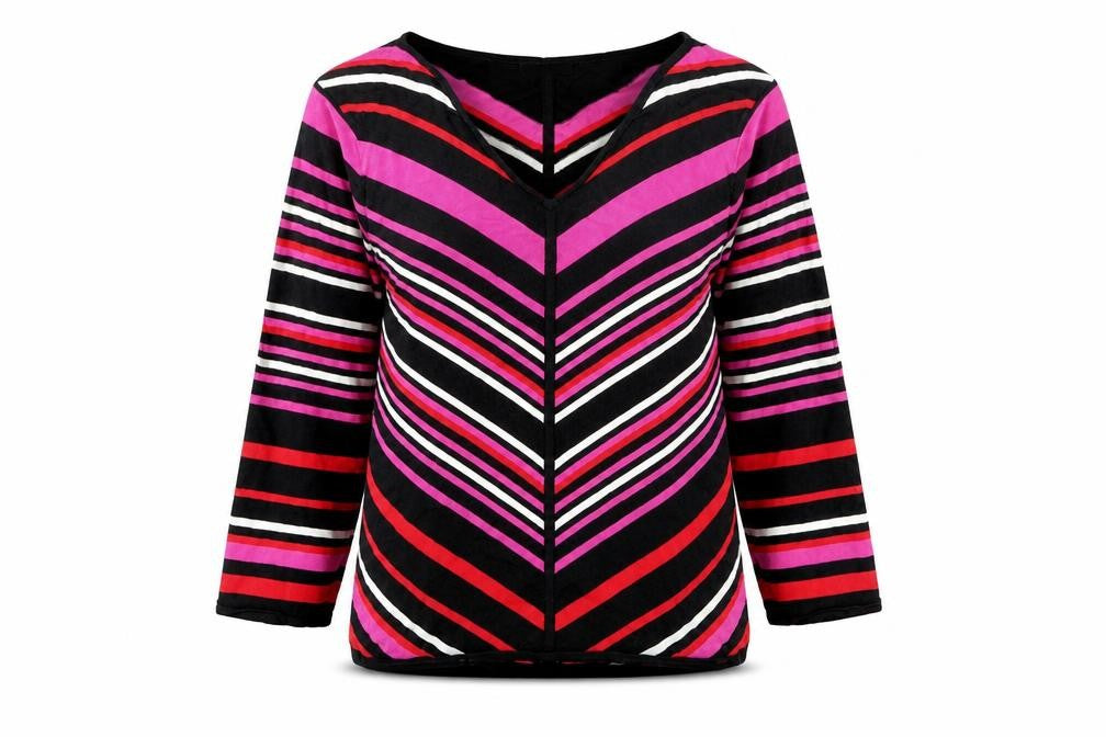 Front view of Planet women’s multicoloured v-neck striped viscose jumper, size M