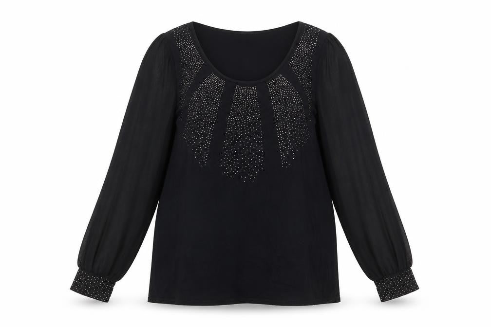 Front view of Marks & Spencer women’s black viscose basic blouse, size UK 16, round neck