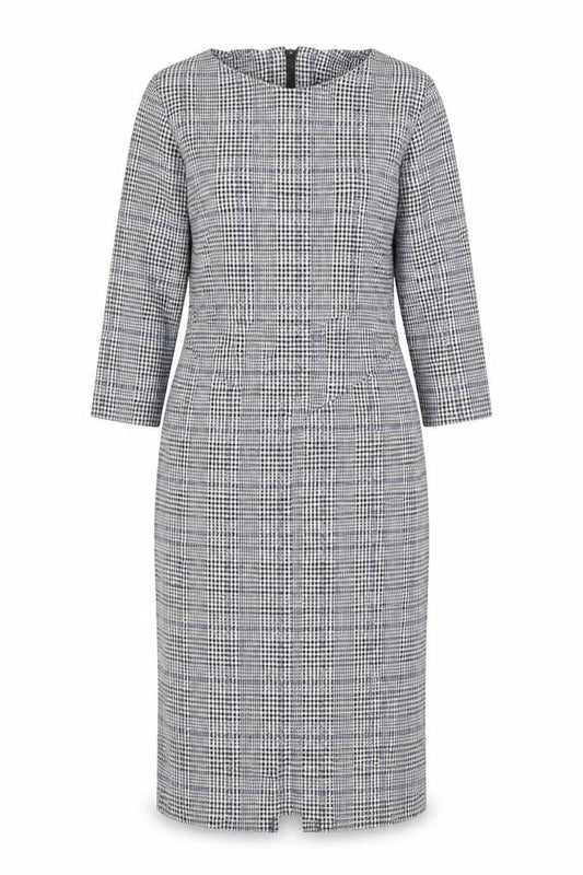 Front view of Marks & Spencer women’s grey plaid polyester shift, size UK 12, round neck zip