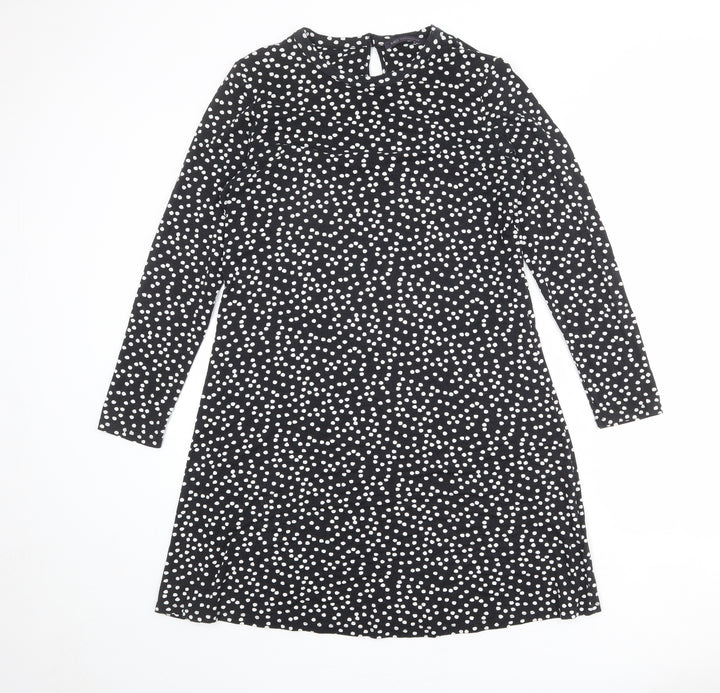 Marks and Spencer Womens Black Polka Dot Viscose A-Line Size 12 Round Neck Button