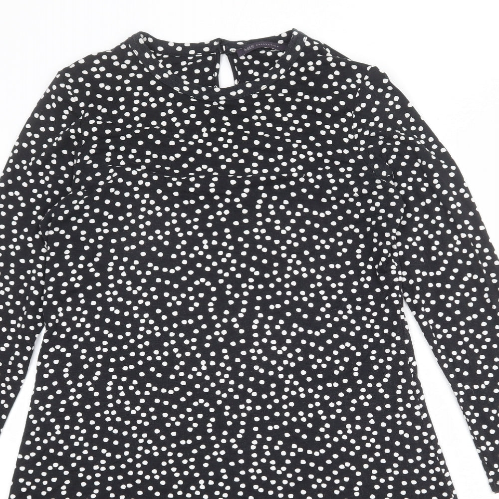 Marks and Spencer Womens Black Polka Dot Viscose A-Line Size 12 Round Neck Button
