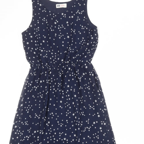 H&M Girls Blue Geometric Polyester A-Line Size 10-11 Years Round Neck Pullover - Star Print