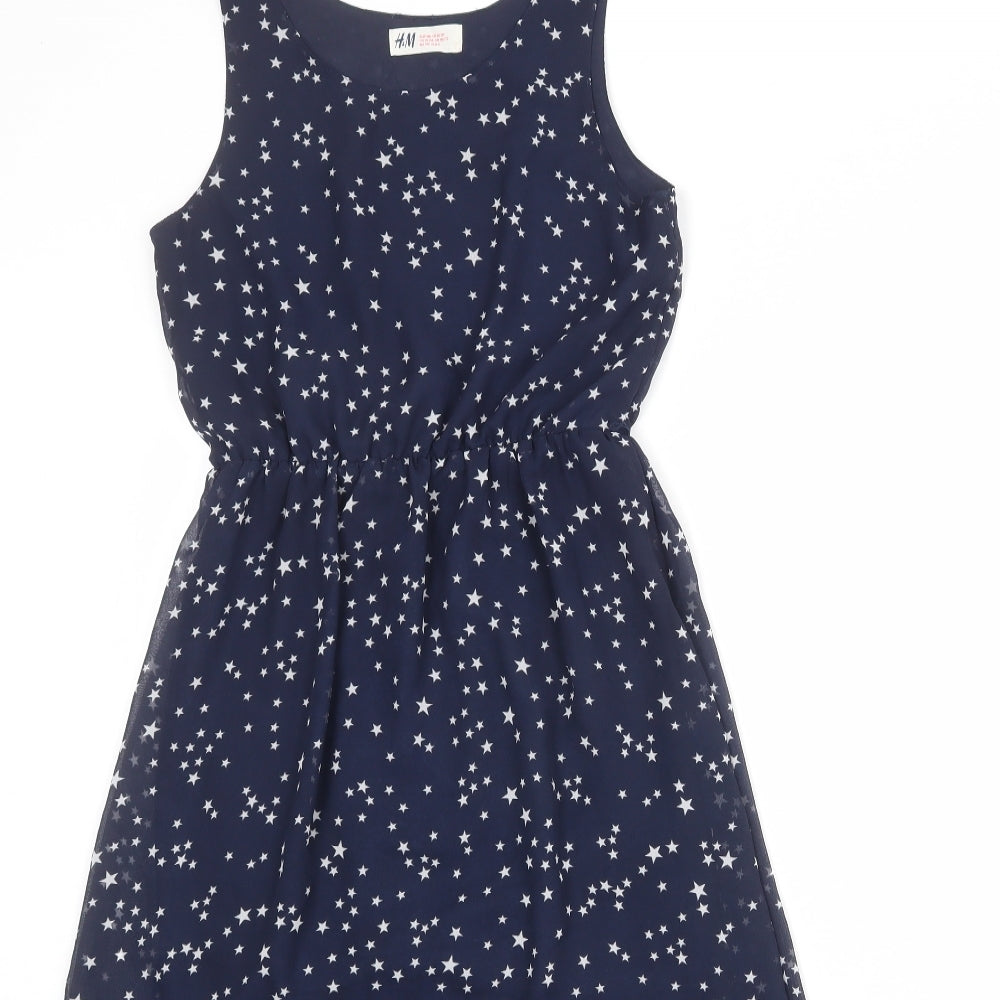 H&M Girls Blue Geometric Polyester A-Line Size 10-11 Years Round Neck Pullover - Star Print