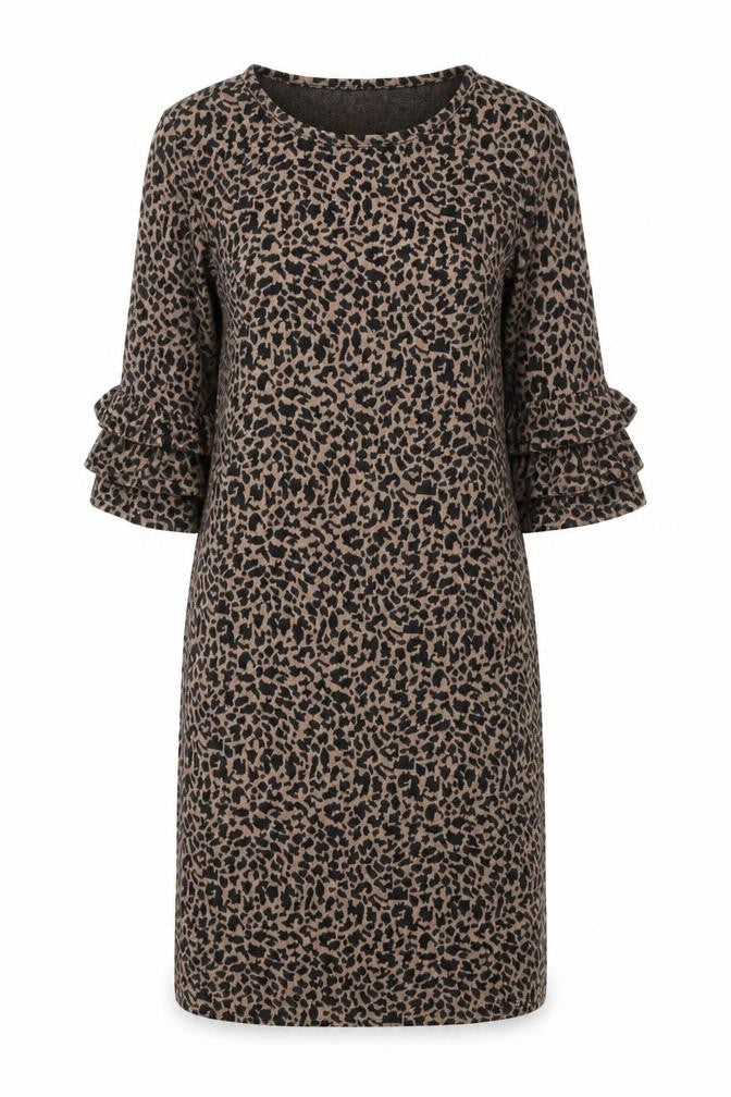 Front view of Collection women’s brown geometric polyester shift, size UK 10, round neck pullover