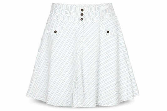 Front view of Crew Clothing White Striped Cotton Swing Skirt, size 16, Button