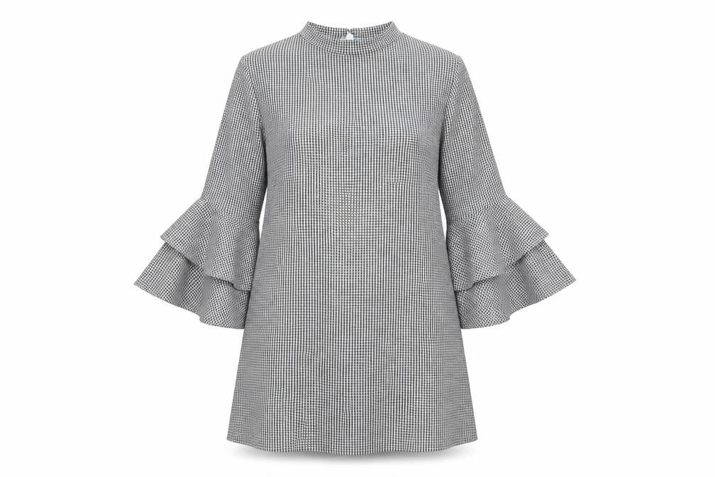 Front view of Vasamsi women’s grey geometric polyester a-line, size UK 8, mock neck pullover