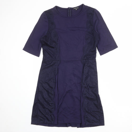 Warehouse Womens Blue Viscose A-Line Size 14 Round Neck Zip - Lace Details