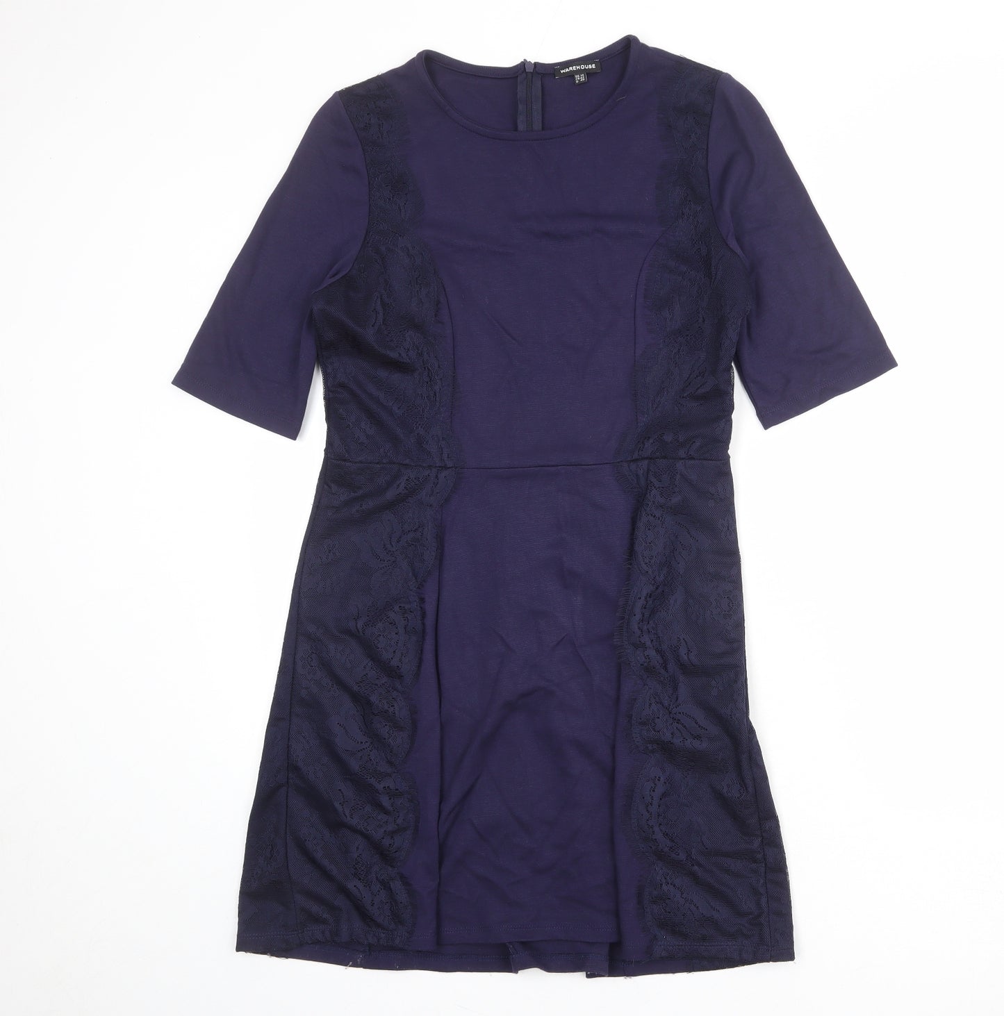 Warehouse Womens Blue Viscose A-Line Size 14 Round Neck Zip - Lace Details