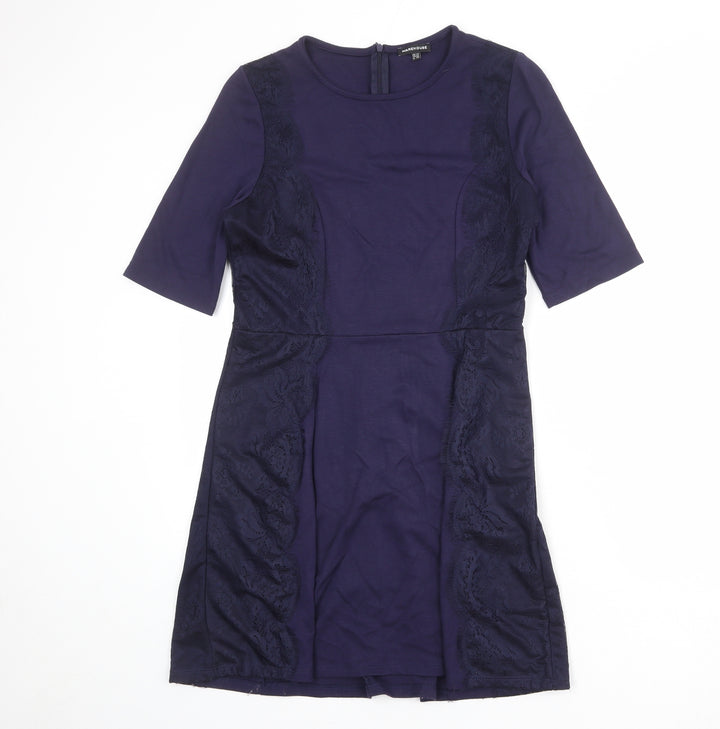 Warehouse Womens Blue Viscose A-Line Size 14 Round Neck Zip - Lace Details