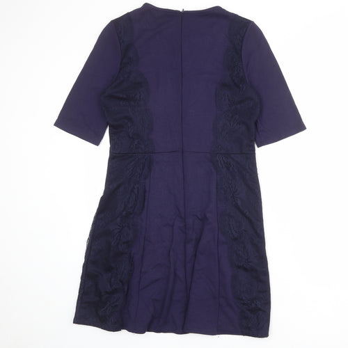 Warehouse Womens Blue Viscose A-Line Size 14 Round Neck Zip - Lace Details