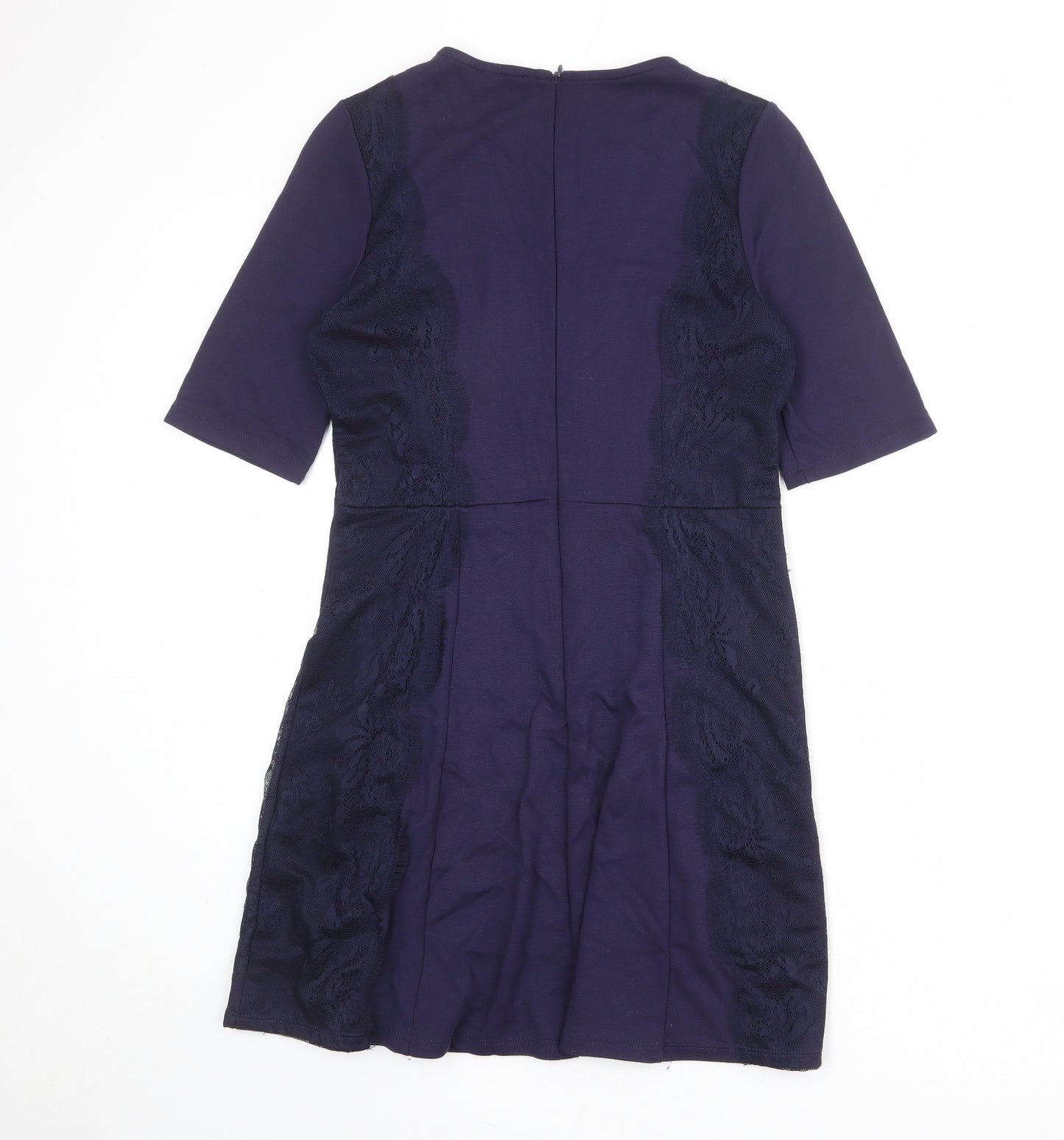 Warehouse Womens Blue Viscose A-Line Size 14 Round Neck Zip - Lace Details