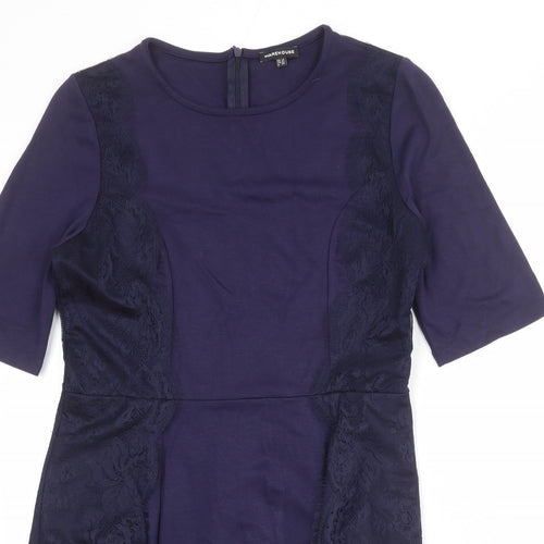 Warehouse Womens Blue Viscose A-Line Size 14 Round Neck Zip - Lace Details