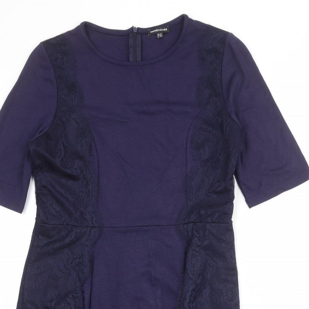 Warehouse Womens Blue Viscose A-Line Size 14 Round Neck Zip - Lace Details